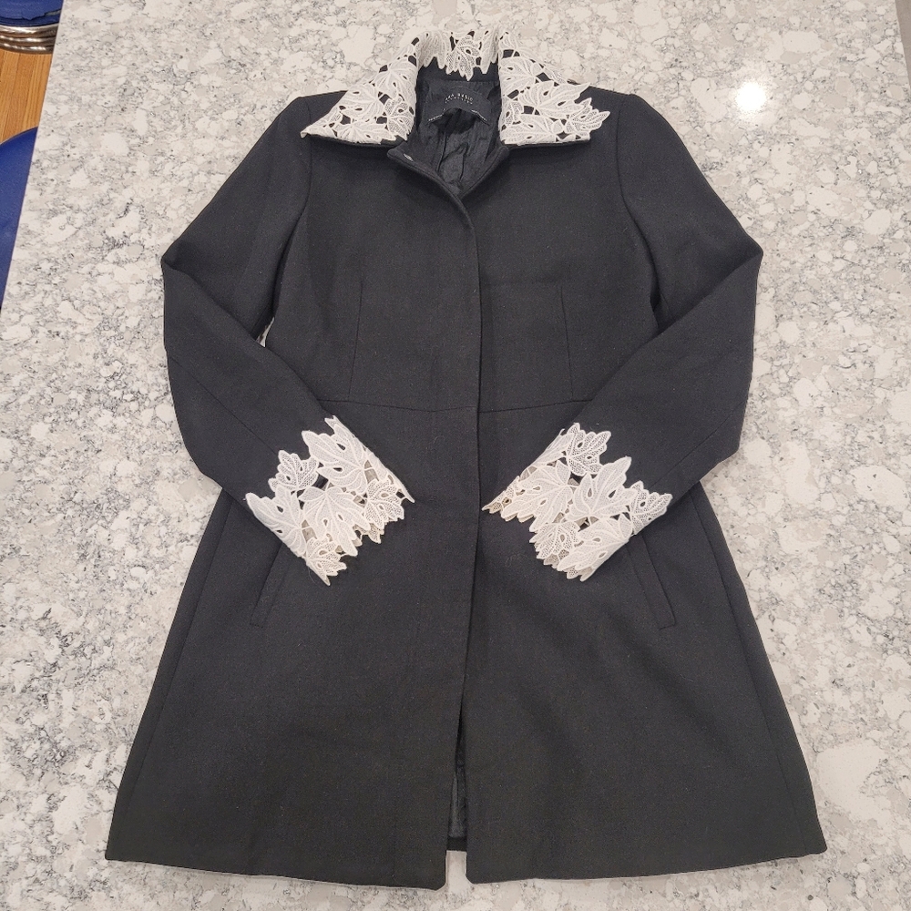 Zara Black Overcoat Jacket with White Lace Accents Women's XSmall